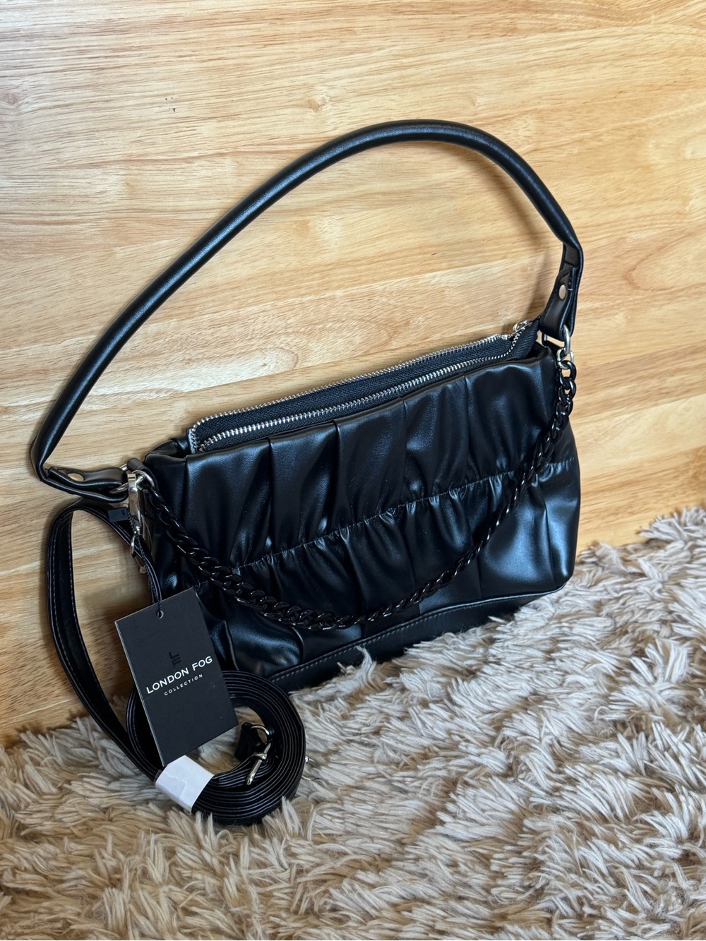 NWT London Fog Steampunk Black Ruched Shoulder Bag with Chain Detail